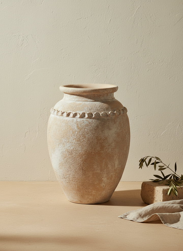 Vaso terracota artesanal Tamar F feito à mão Portugal. Decoração estilo wabi-sabi, minimalista, rústico, mediterrânico, Japandi e farmehouse. Decoração de interiores; Design biofílico; Decoração sustentável