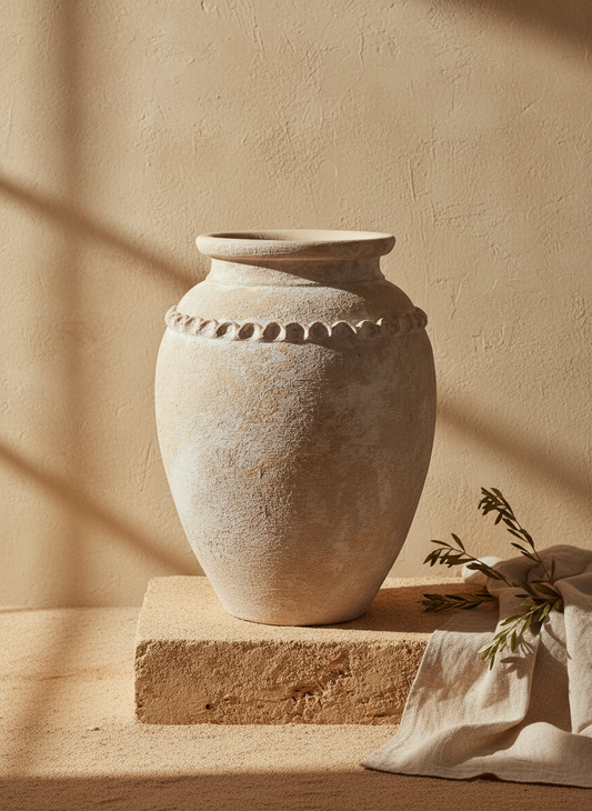 Vaso terracota artesanal Tamar F feito à mão Portugal. Decoração estilo wabi-sabi, minimalista, rústico, mediterrânico, Japandi e farmehouse. Decoração de interiores; Design biofílico; Decoração sustentável