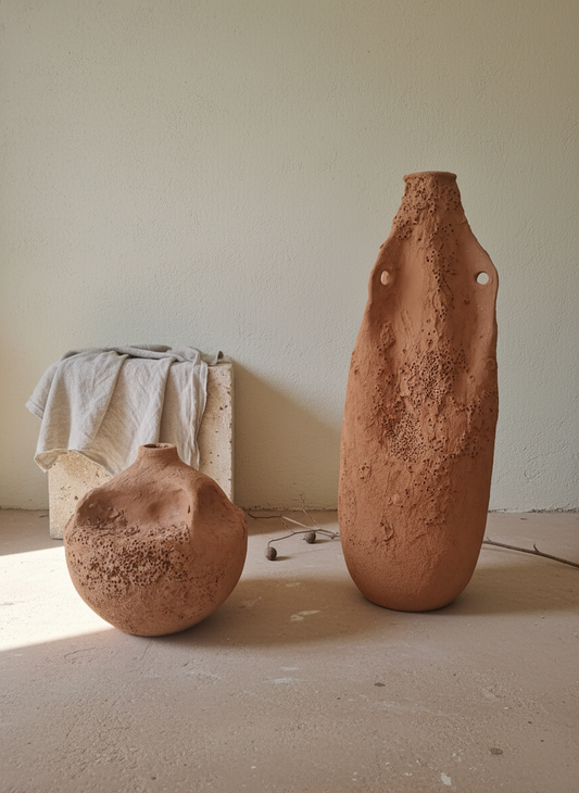 Vaso terracota artesanal EXC 22, handmade em Portugal. Decoração orgânica; Decoração wabi-sabi, farmhouse, Japandi, minimalista, mediterrânica, cottagecore e moderno. Design de interiores sustentável; design biofílico;