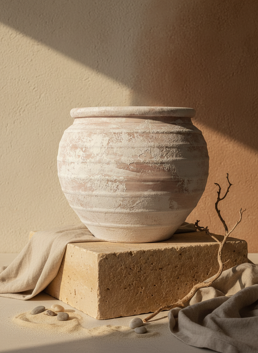 Vaso terracota artesanal EXC 7, feito à mão em Portugal. Decoração wabi-sabi, farmhouse, Japandi, minimalista, mediterrânica, cottagecore e moderno. Decoração orgânica sustentável; design biofílico;