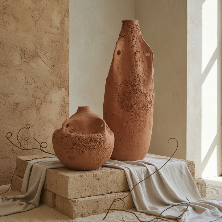 Vaso terracota artesanal EXC 22, handmade em Portugal. Decoração orgânica; Decoração wabi-sabi, farmhouse, Japandi, minimalista, mediterrânica, cottagecore e moderno. Design de interiores sustentável; design biofílico;