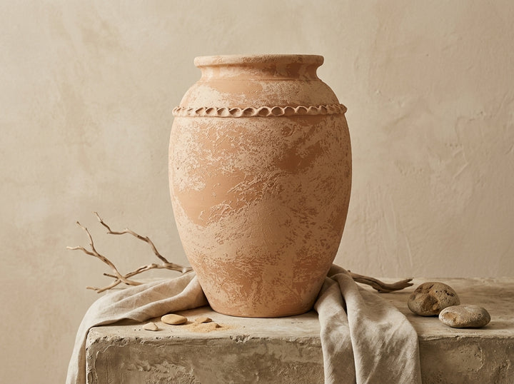 Vaso terracota artesanal Tamar H feito à mão Portugal. Decoração Orgânica; Design biofílico; Decoração sustentável; Decoração estilo wabi-sabi, minimalista, rústico, mediterrânico, Japandi e farmehouse. Decoração de interiores; MEDITERRANEAN HOUSE DECOR