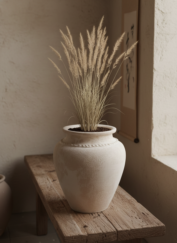 Vaso terracota artesanal Kora D feito à mão Portugal. Decoração e design biofílico; Decoração estilos wabi-sabi, minimalista, rústico, mediterrânico, farmehouse, cottage. Design de interiores;