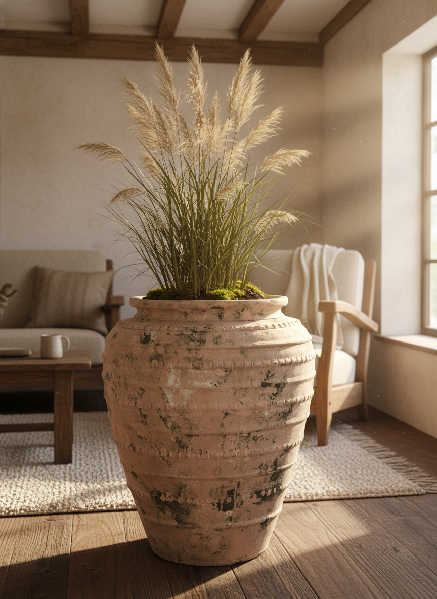 Vaso terracota artesanal feito à mão em Portugal, decoração Japandi, minimalista, rústico, mediterrânico, farmhouse, modern decor. Decoração e design de interiores; decoração e design biofílico;