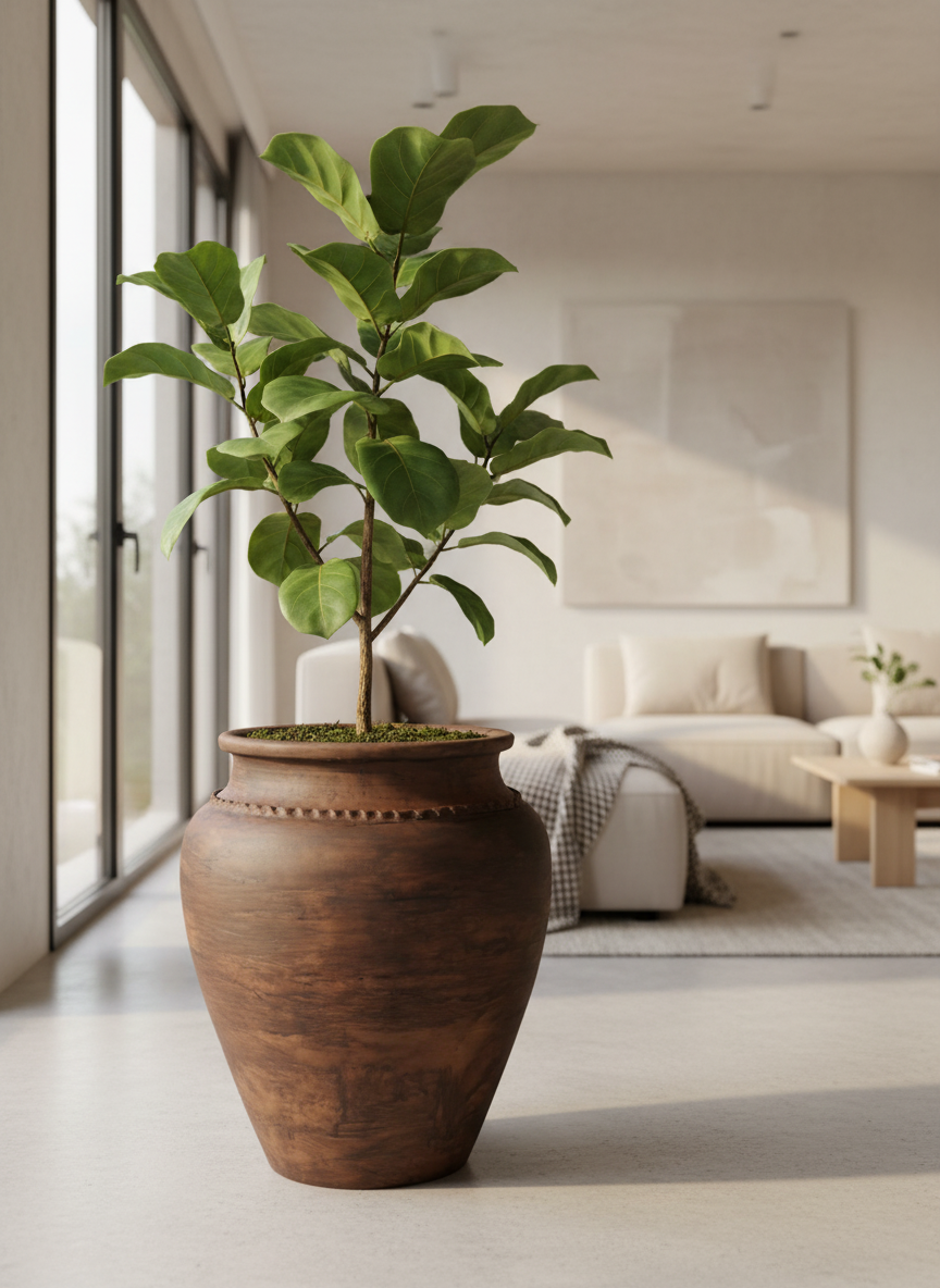 Vaso terracota artesanal Kora J, feito  em Portugal. Decoração sustentável nos estilos Japandi, minimalista, rústico, mediterrânico, farmhouse e cottage. Decoração de interiores; Design biofílico; 