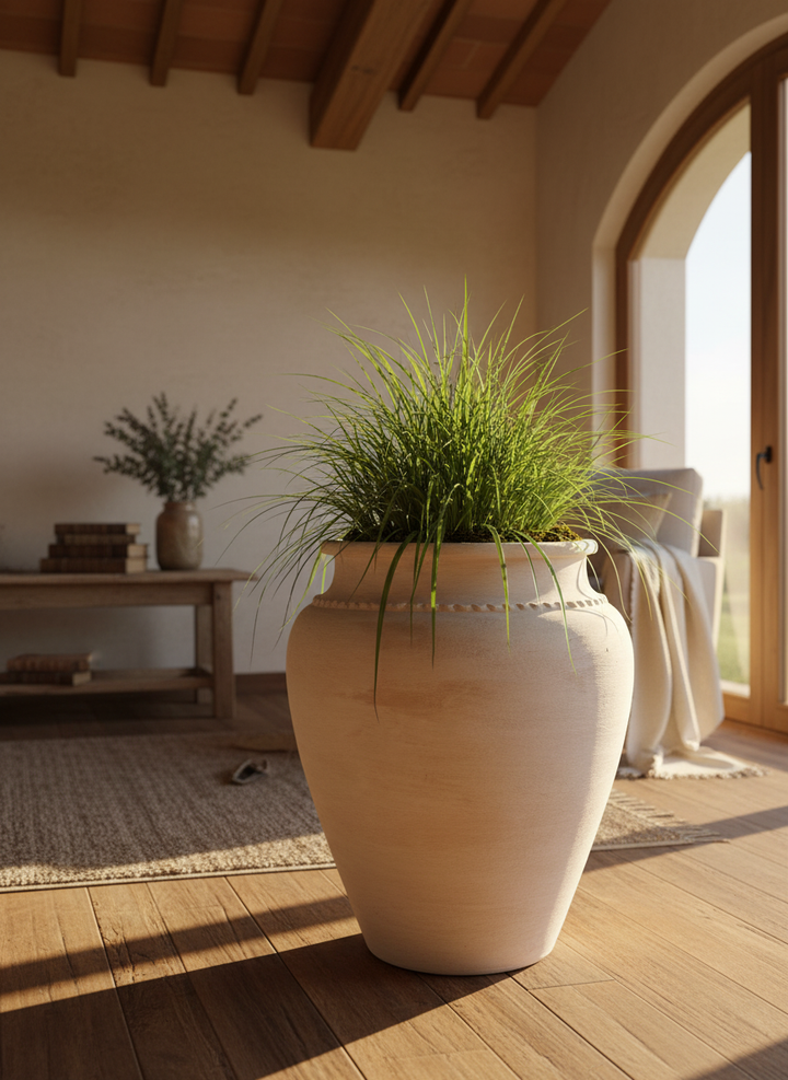 Vaso terracota artesanal Kora K, feito artesanalmente em Portugal. Decoração de interiores; Design biofílico; Decoração sustentável nos estilos: Japandi, minimalista, rústico, mediterrânico, farmhouse e cottage. 