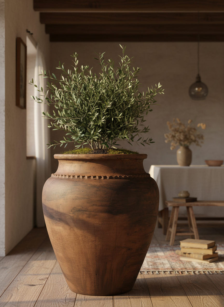 Vaso terracota artesanal Kora J, feito  em Portugal. Decoração sustentável nos estilos Japandi, minimalista, rústico, mediterrânico, farmhouse e cottage. Decoração de interiores; Design biofílico; 