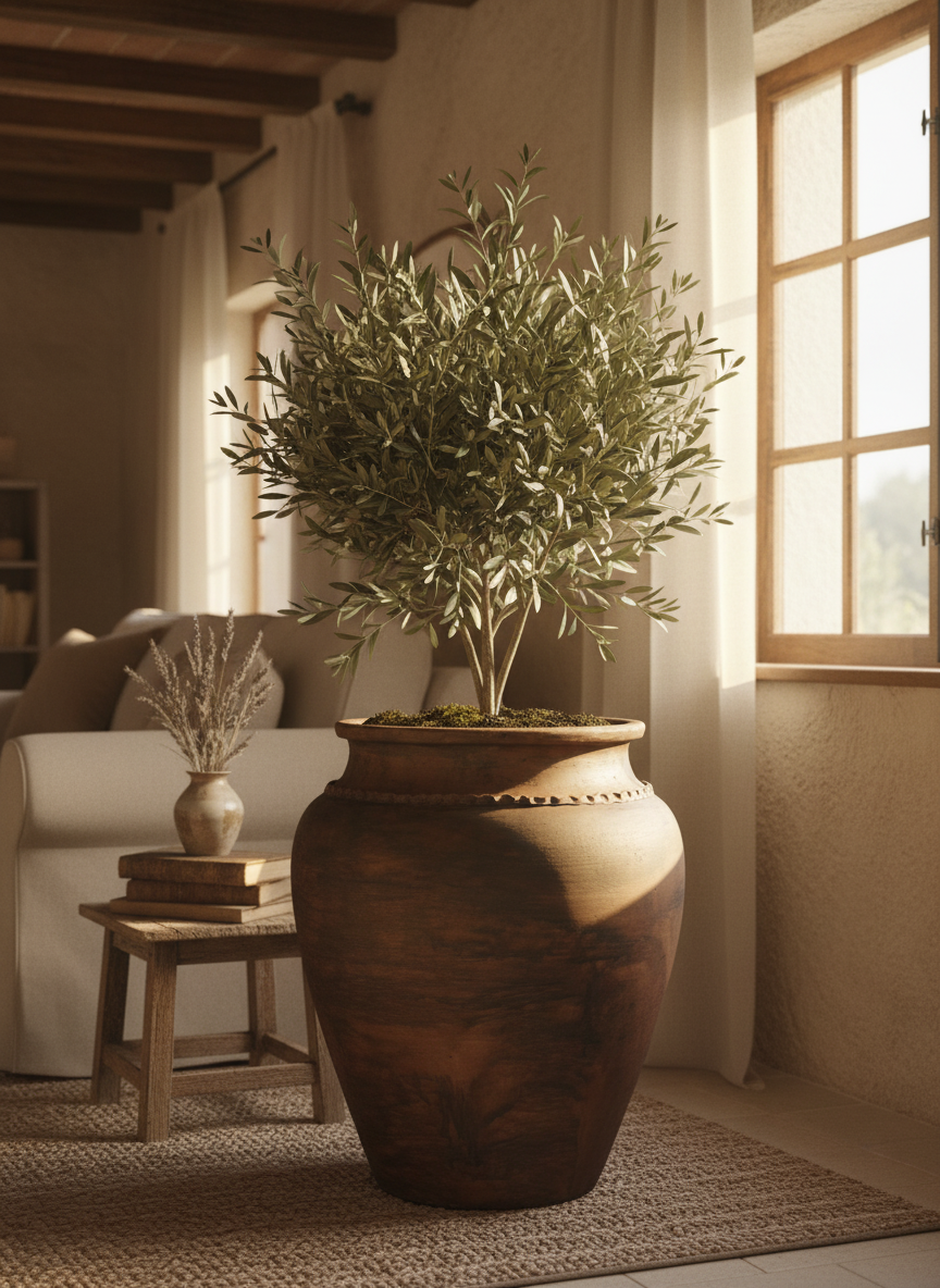 Vaso terracota artesanal Kora J, feito  em Portugal. Decoração sustentável nos estilos Japandi, minimalista, rústico, mediterrânico, farmhouse e cottage. Decoração de interiores; Design biofílico; 