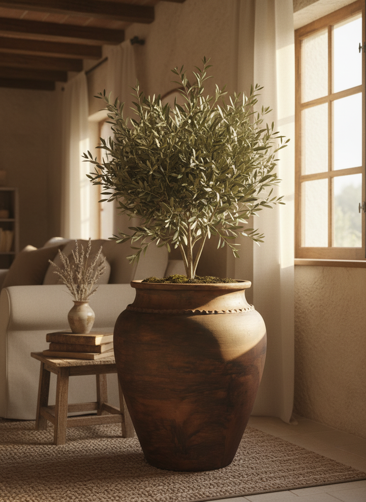 Vaso terracota artesanal Kora J, feito  em Portugal. Decoração sustentável nos estilos Japandi, minimalista, rústico, mediterrânico, farmhouse e cottage. Decoração de interiores; Design biofílico; 