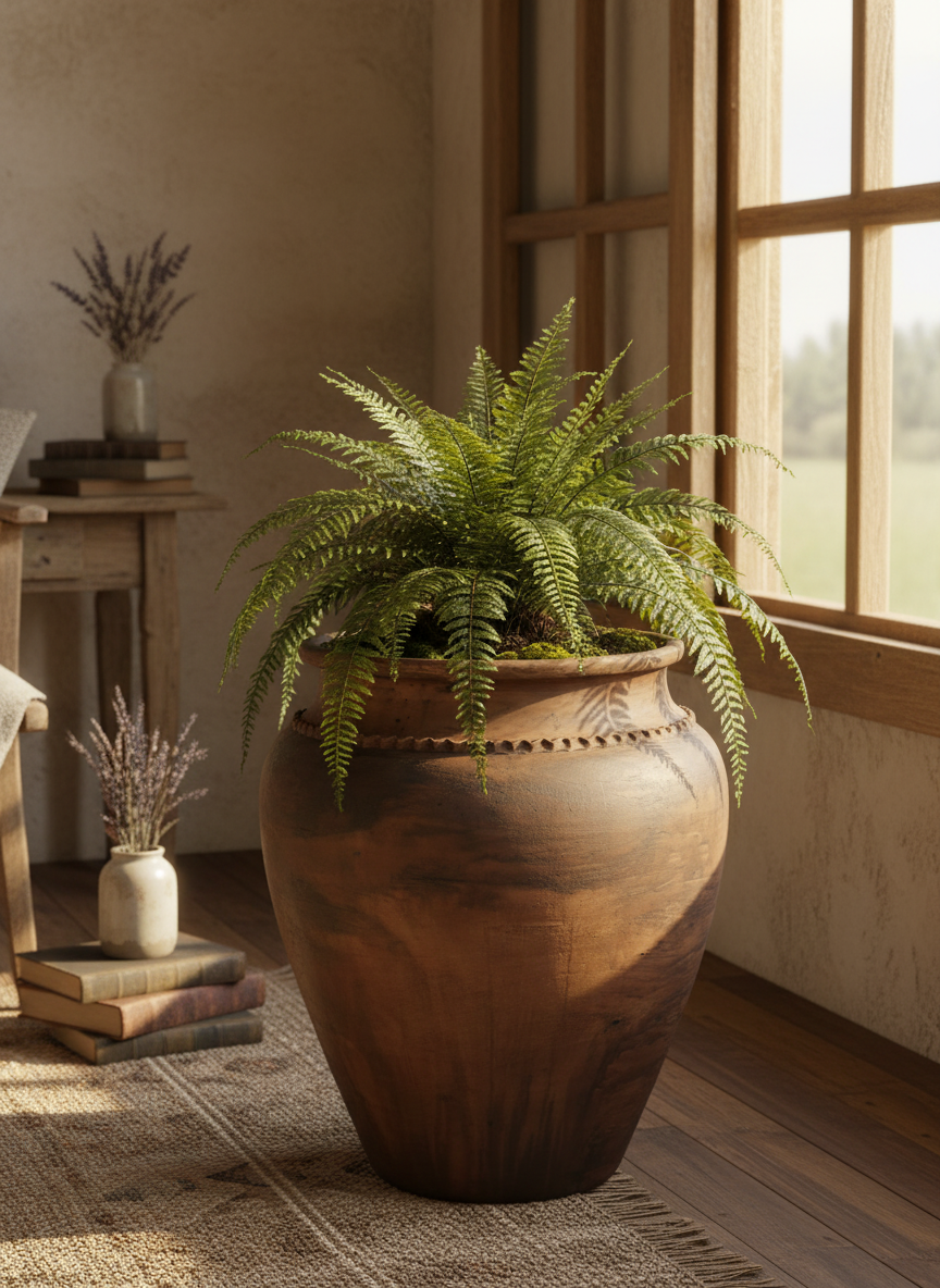 Vaso terracota artesanal Kora J, feito  em Portugal. Decoração sustentável nos estilos Japandi, minimalista, rústico, mediterrânico, farmhouse e cottage. Decoração de interiores; Design biofílico; 