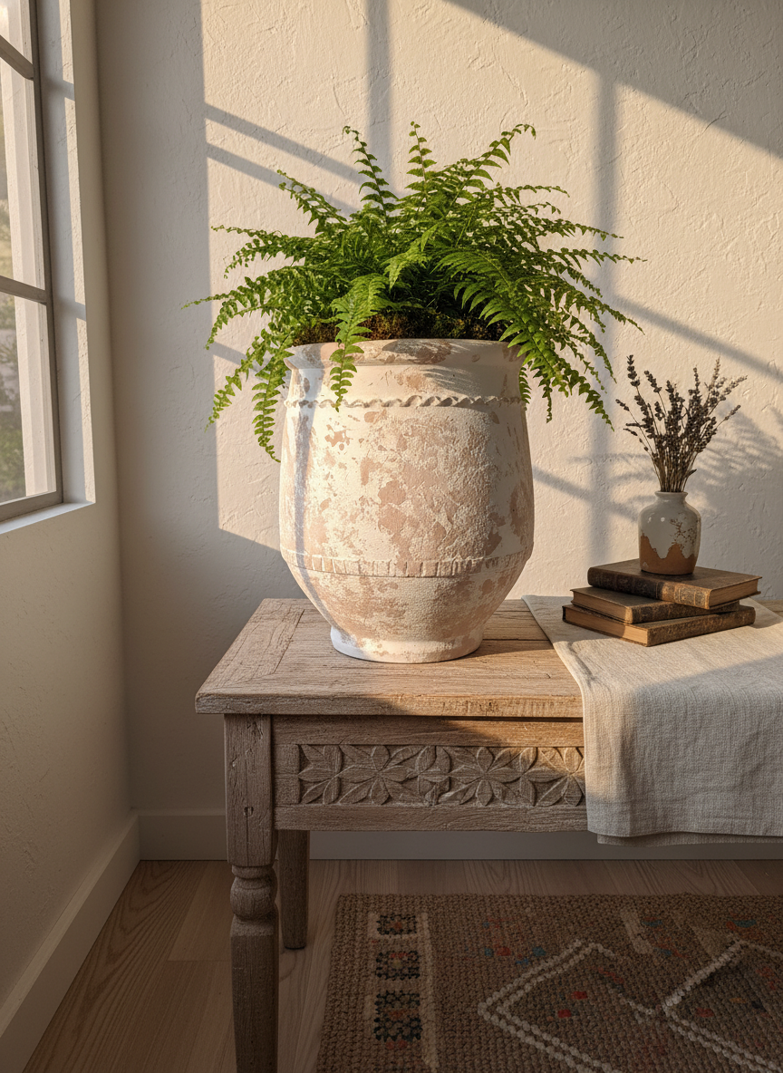 Vaso terracota artesanal Alba F feito à mão Portugal. Decoração Wabi-sabi, minimalista, rústico, farmhouse e moderno. Decoração e design de interiores; design biofílico; decoração sustentável.