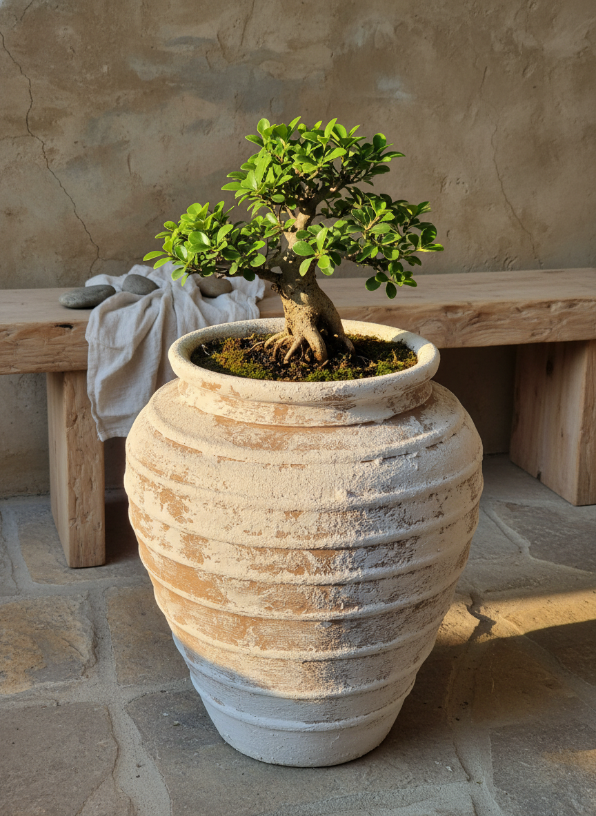 Vaso terracota artesanal Marua H, feito à mão Portugal. Decoração sustentável. Estilo wabi-sabi, minimalista, rústico, mediterrânico, e outras. Design de interiores; design biofílico;