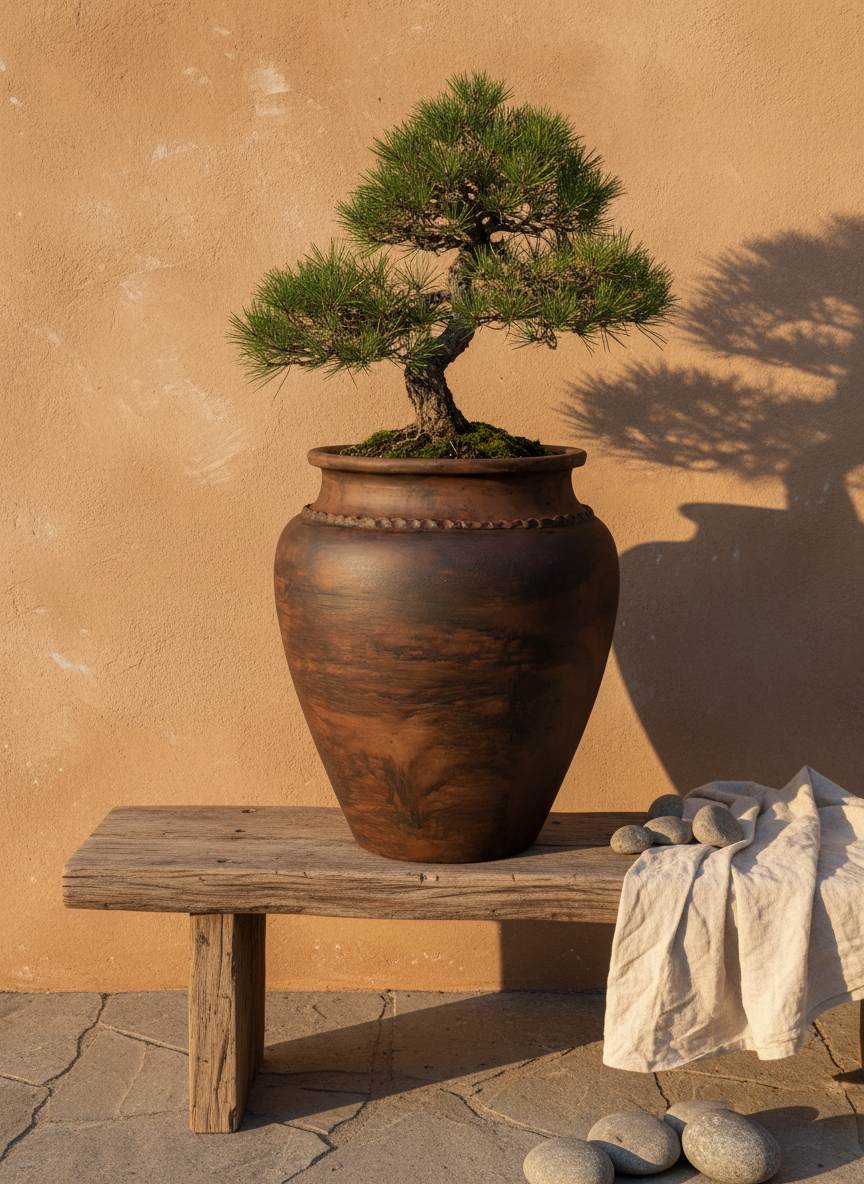 Vaso terracota artesanal Kora J, feito  em Portugal. Decoração sustentável nos estilos Japandi, minimalista, rústico, mediterrânico, farmhouse e cottage. Decoração de interiores; Design biofílico; 