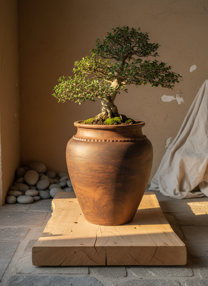Vaso terracota artesanal Kora J, feito  em Portugal. Decoração sustentável nos estilos Japandi, minimalista, rústico, mediterrânico, farmhouse e cottage. Decoração de interiores; Design biofílico; 
