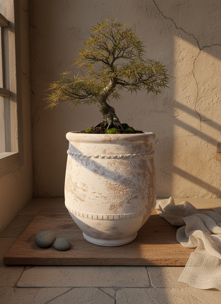 Vaso terracota artesanal Alba F feito à mão Portugal. Decoração Wabi-sabi, minimalista, rústico, farmhouse e moderno. Decoração e design de interiores; design biofílico; decoração sustentável.