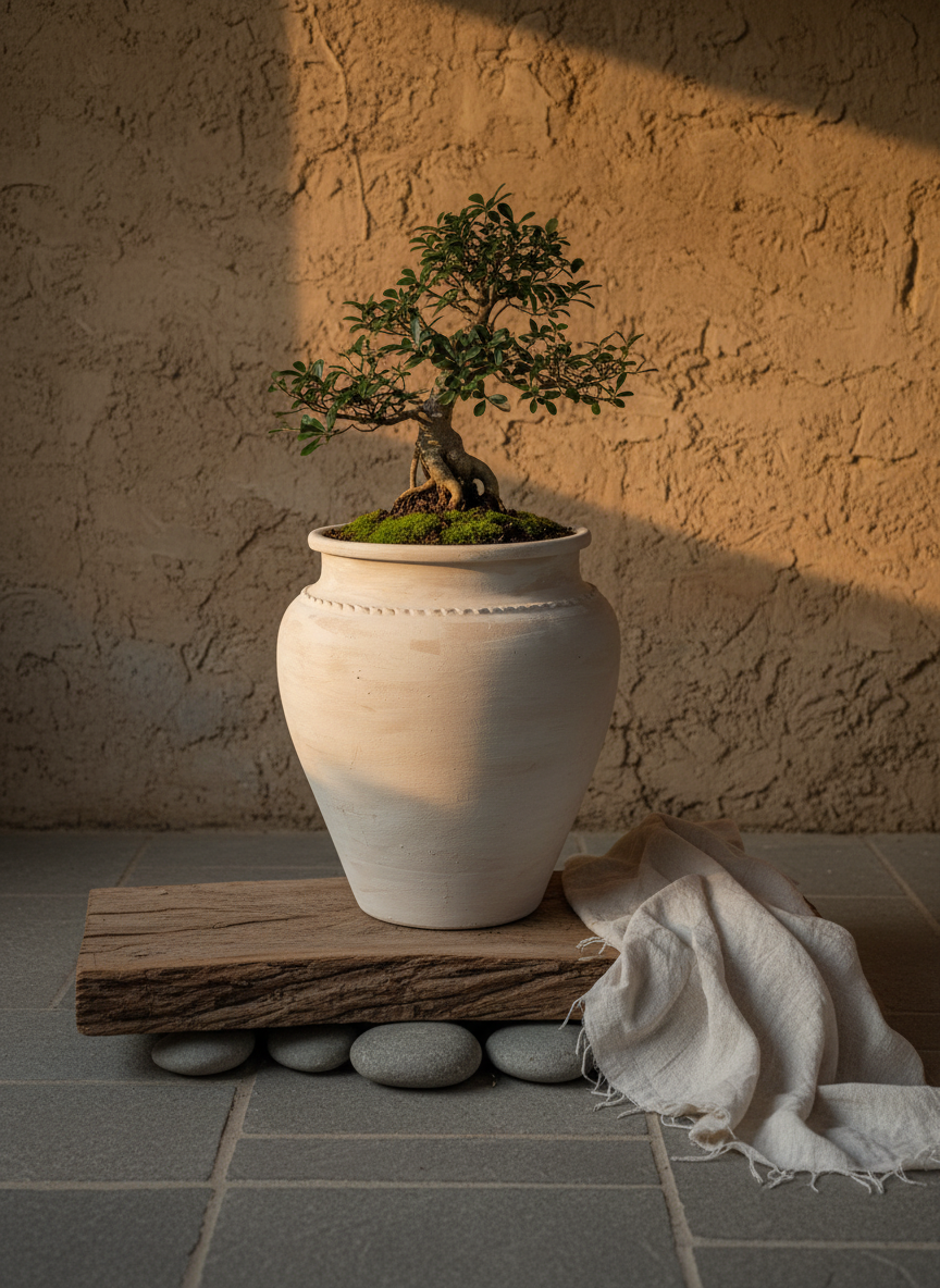 Vaso terracota artesanal Kora K, feito artesanalmente em Portugal. Decoração de interiores; Design biofílico; Decoração sustentável nos estilos: Japandi, minimalista, rústico, mediterrânico, farmhouse e cottage. 