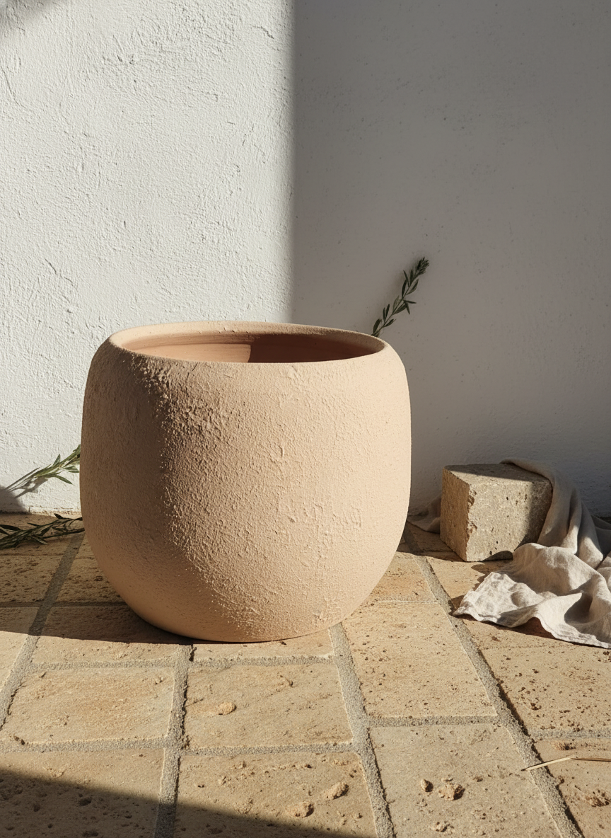 Vaso terracota artesanal  EXC 14, handmade em Portugal. Decoração wabi-sabi, farmhouse, Japandi, minimalista, mediterrânica, cottagecore e moderno. Design de interiores, decoração sustentável; design biofílico;