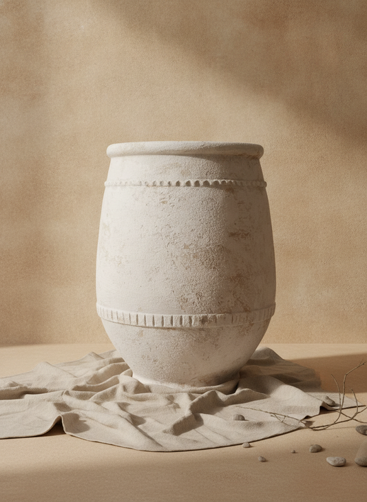 Vaso terracota artesanal Alba G feito à mão Portugal. Decoração Wabi-sabi, minimalista, rústico, farmhouse e moderno. Design de interiores; design biofílico; decoração sustentável.