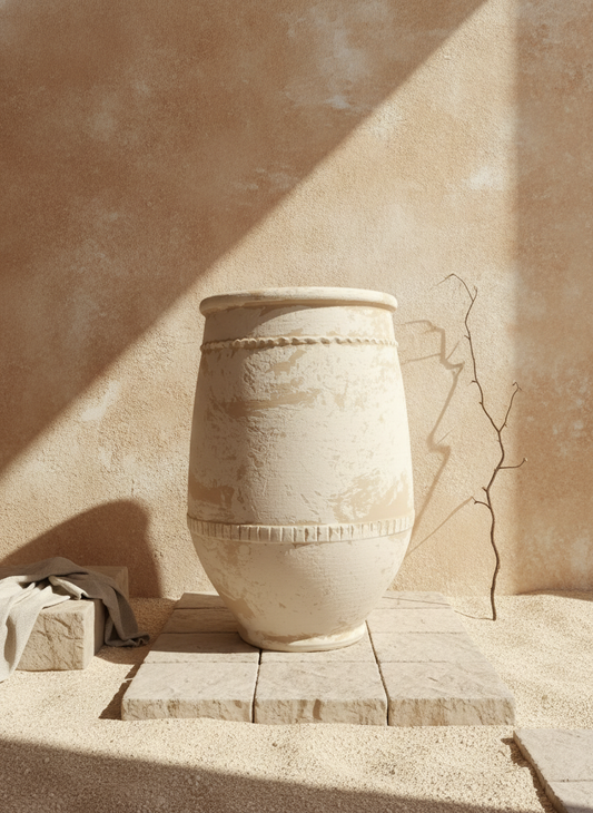 Vaso terracota artesanal Alba G feito à mão Portugal. Estilo marroquino; Estilo Mediterrânico; Decoração Wabi-sabi, minimalista, rústico, farmhouse e moderno. Design de interiores; design biofílico; decoração sustentável.