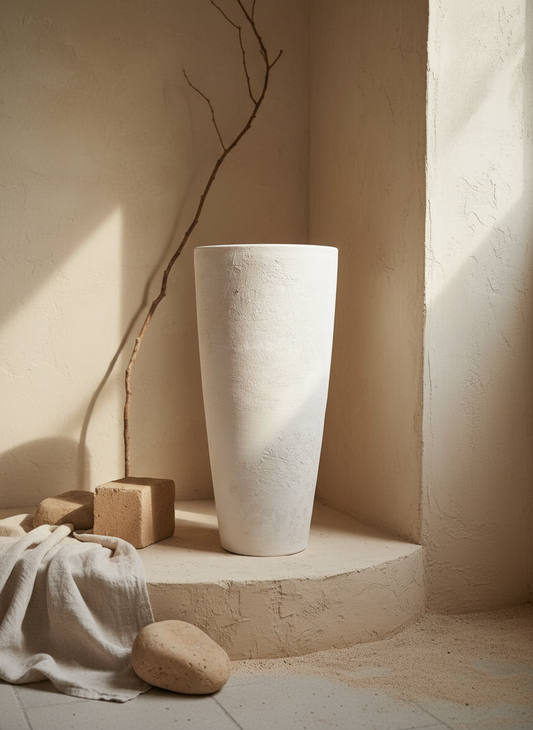 Vaso terracota artesanal  EXC 1, handmade em Portugal. Decoração wabi-sabi, farmhouse, Japandi, minimalista, mediterrânica, cottagecore e moderno. Design de interiores sustentável; design biofílico;