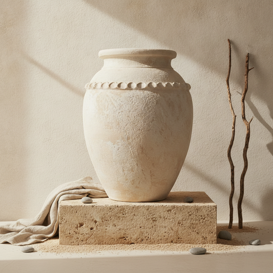 Vaso terracota artesanal Tamar J feito à mão Portugal. Decoração organica em terracota; Decoração estilo wabi-sabi, minimalista, rústico, mediterrânico, Japandi e farmehouse. Decoração de interiores;  Design biofílico; Decoração sustentável