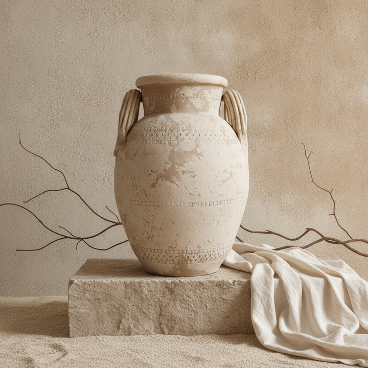 Vaso terracota artesanal Poteh D feito à mão Portugal. Decoração orgânica; Decoração natural e sustentável nos estilos Japandi, minimalista, rústico, farmhouse e moderno e wabi-sabi. Design de interiores; design biofílico;