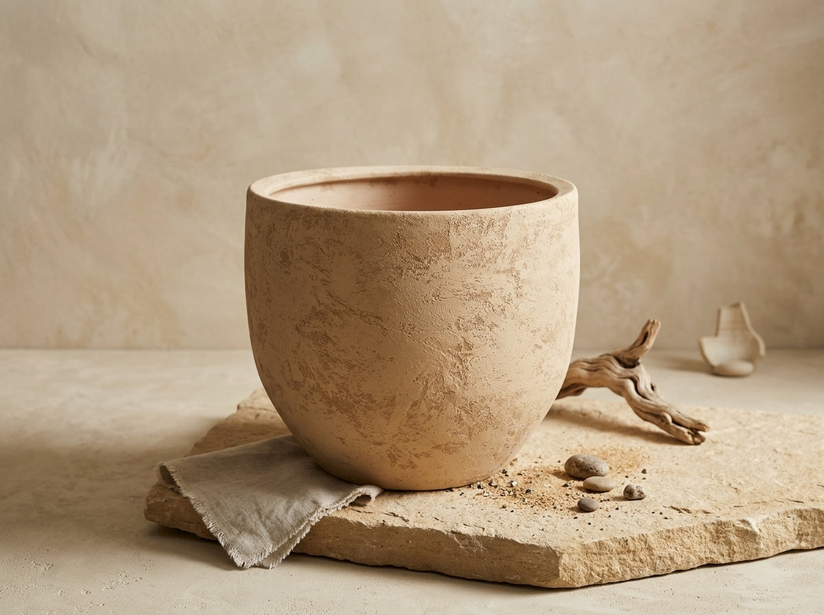 Vaso terracota artesanal  NAHURA D handmade em Portugal. Decoração wabi-sabi, farmhouse, Japandi, minimalista, mediterrânica, cottagecore e moderno. Design de interiores, decoração sustentável; design biofílico; ORGANIC DECOR; 