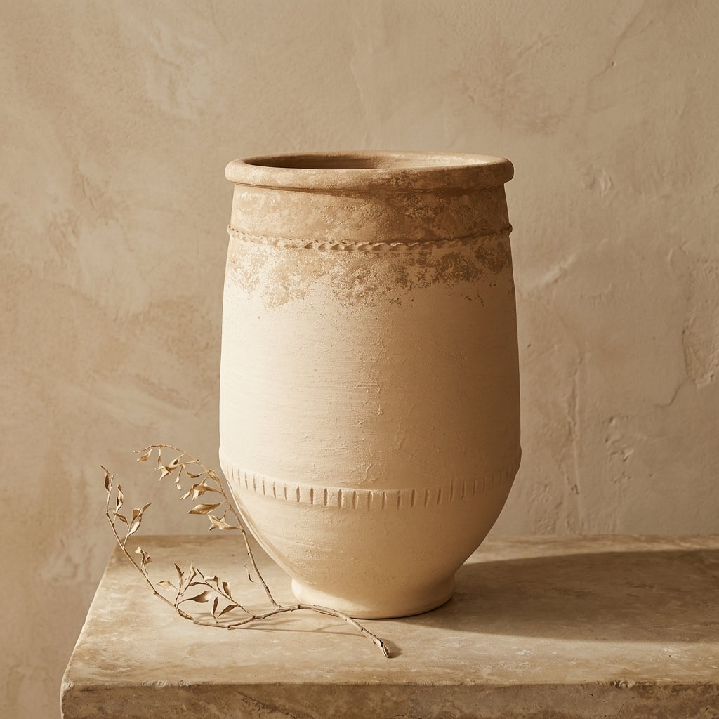 Vaso terracota artesanal Alba F feito à mão Portugal. Estilo marroquino; Estilo Mediterrânico; ORGANIC DECOR; MEDITERRANEAN DECOR; Decoração Wabi-sabi, minimalista, rústico, farmhouse e moderno. Design de interiores; design biofílico; decoração sustentável.