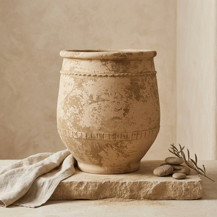 Vaso terracota artesanal Alba J feito à mão Portugal. Estilo marroquino; ORGANIC DECOR;  Estilo Mediterrânico; Decoração Wabi-sabi, minimalista, rústico, farmhouse e moderno. Design de interiores; design biofílico; decoração sustentável. MEDITERRANEAN STYLE;
