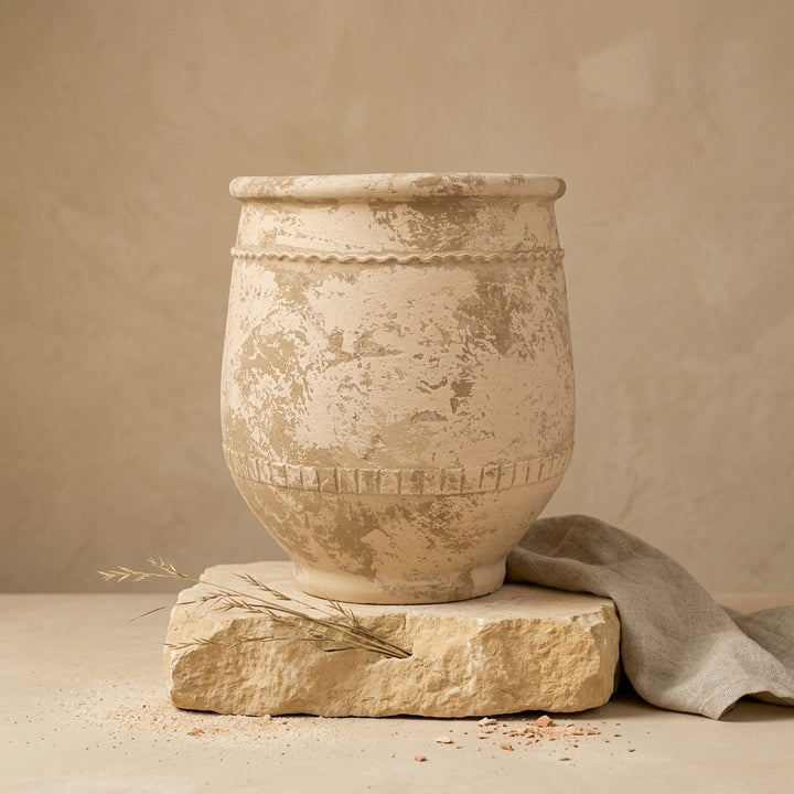 Vaso terracota artesanal Alba J feito à mão Portugal. Estilo marroquino; ORGANIC DECOR;  Estilo Mediterrânico; Decoração Wabi-sabi, minimalista, rústico, farmhouse e moderno. Design de interiores; design biofílico; decoração sustentável. MEDITERRANEAN STYLE;