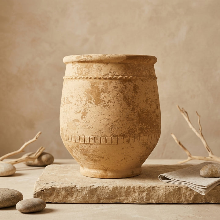 Vaso terracota artesanal Alba J feito à mão Portugal. Estilo marroquino; ORGANIC DECOR;  Estilo Mediterrânico; Decoração Wabi-sabi, minimalista, rústico, farmhouse e moderno. Design de interiores; design biofílico; decoração sustentável. MEDITERRANEAN STYLE;