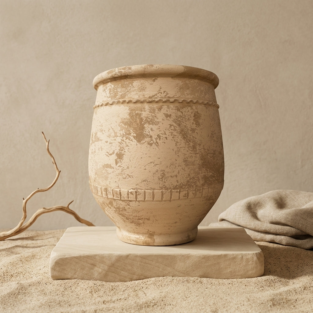 Vaso terracota artesanal Alba J feito à mão Portugal. Estilo marroquino; ORGANIC DECOR;  Estilo Mediterrânico; Decoração Wabi-sabi, minimalista, rústico, farmhouse e moderno. Design de interiores; design biofílico; decoração sustentável. MEDITERRANEAN STYLE;