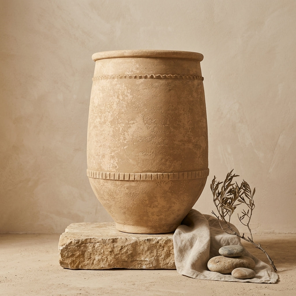 Vaso terracota artesanal Alba I feito à mão Portugal. Estilo marroquino; Estilo Mediterrânico; Decoração Wabi-sabi, minimalista, rústico, farmhouse e moderno. ORGANIC DECOR; MEDITERRANEAN STYLE; Design de interiores; design biofílico; decoração sustentável.