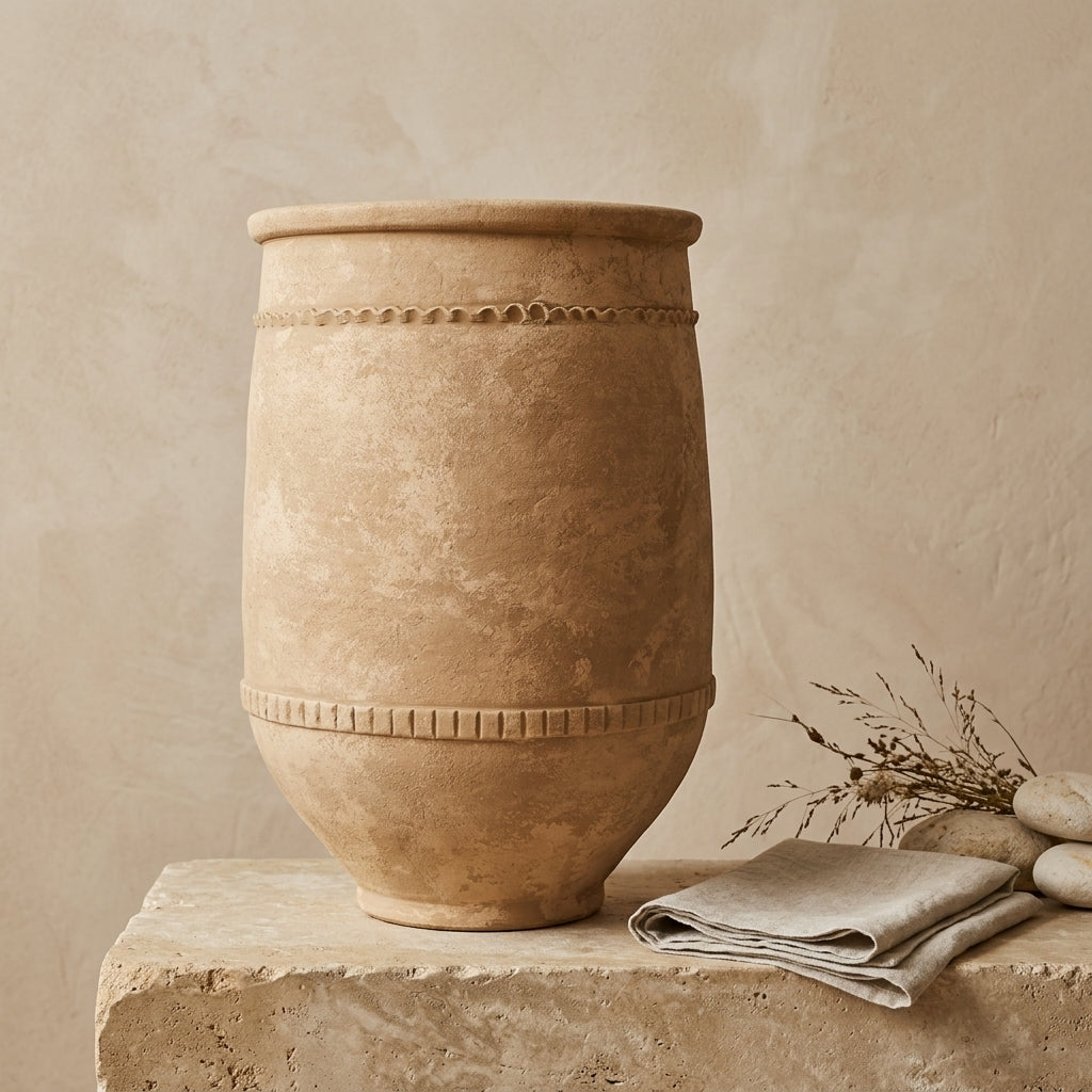Vaso terracota artesanal Alba I feito à mão Portugal. Estilo marroquino; Estilo Mediterrânico; Decoração Wabi-sabi, minimalista, rústico, farmhouse e moderno. ORGANIC DECOR; MEDITERRANEAN STYLE; Design de interiores; design biofílico; decoração sustentável.