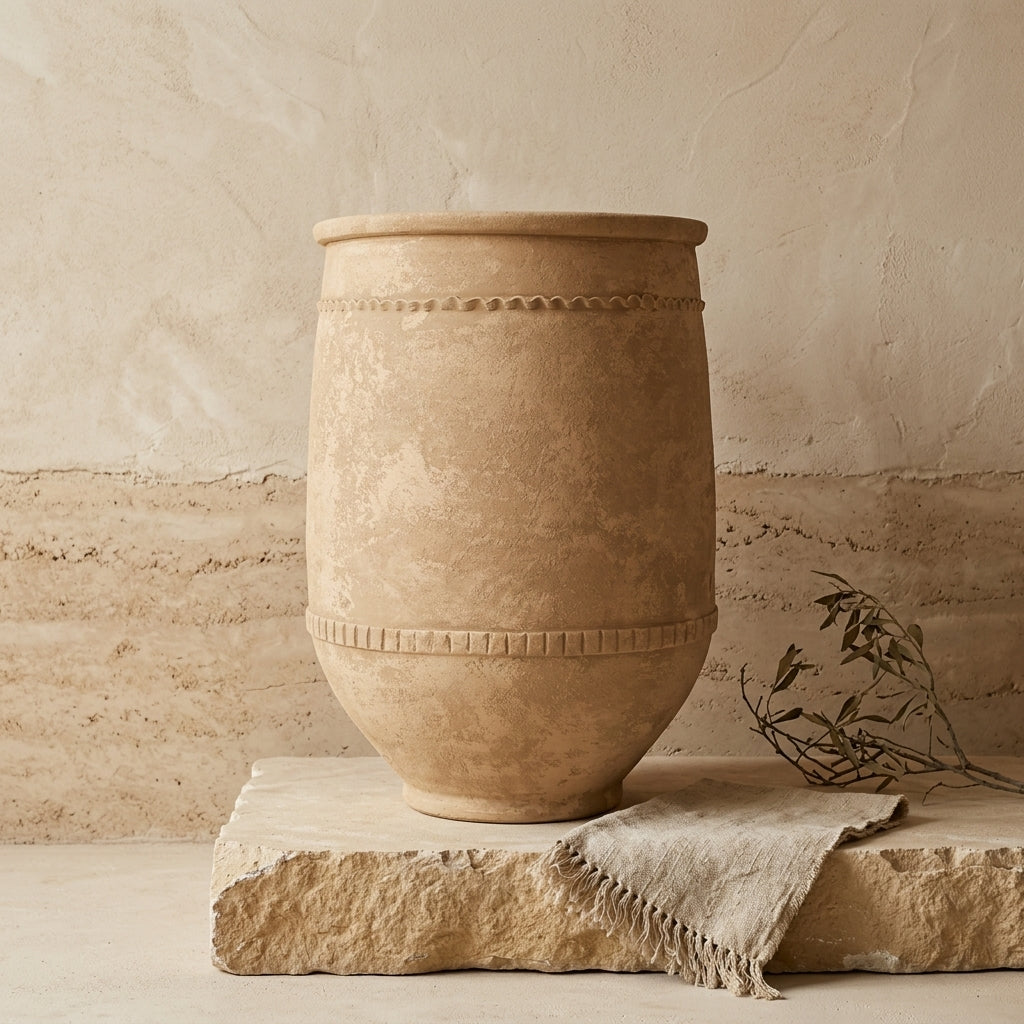Vaso terracota artesanal Alba I feito à mão Portugal. Estilo marroquino; Estilo Mediterrânico; Decoração Wabi-sabi, minimalista, rústico, farmhouse e moderno. ORGANIC DECOR; MEDITERRANEAN STYLE; Design de interiores; design biofílico; decoração sustentável.