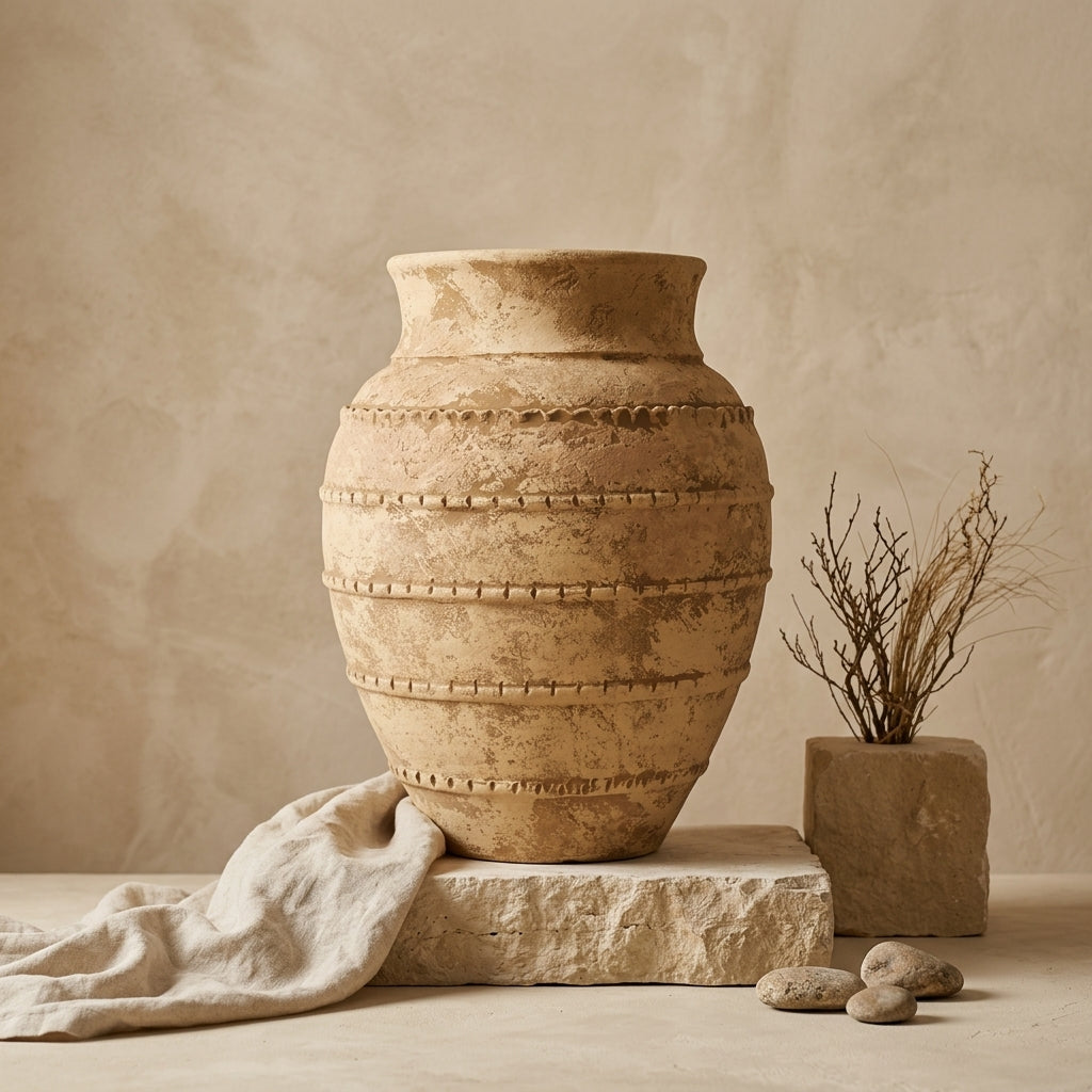 Vaso terracota artesanal LAMOUR E feito à mão Portugal. Decoração orgânica. Decoração e design de interiores; decoração e design biofílico; Decoração minimalista, wabi-sabi, rústica, mediterrânico e farmehouse. Mediterranean House Style