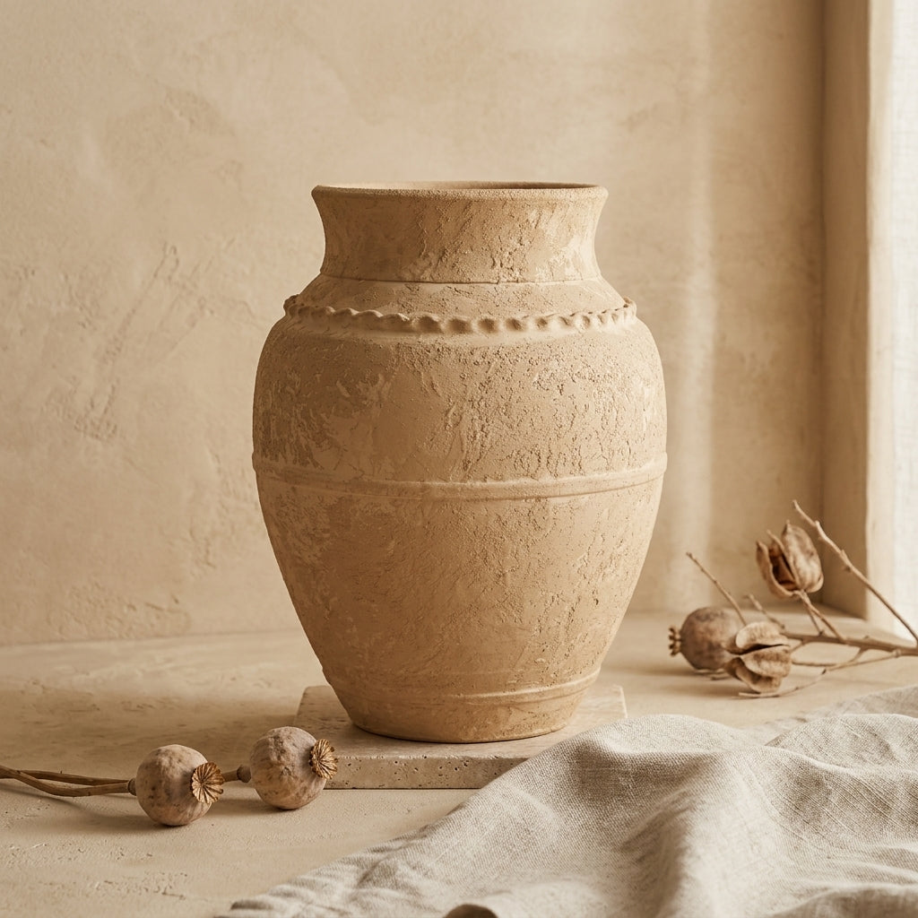 Vaso terracota artesanal LAMOUR L feito à mão Portugal. Decoração orgânica; Decoração sustentável; Design de interiores; decoração e design biofílico; Decoração minimalista, wabi-sabi, rústica, mediterrânico e farmehouse. Mediterranean House Style