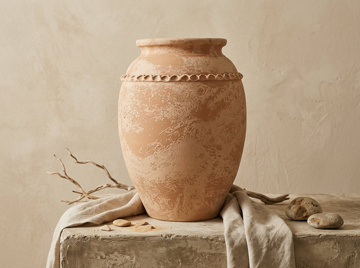 Vaso terracota artesanal Tamar H feito à mão Portugal. Decoração Orgânica; Design biofílico; Decoração sustentável; Decoração estilo wabi-sabi, minimalista, rústico, mediterrânico, Japandi e farmehouse. Decoração de interiores; MEDITERRANEAN HOUSE DECOR