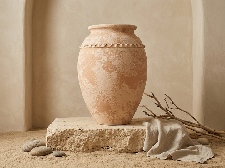 Vaso terracota artesanal Tamar H feito à mão Portugal. Decoração Orgânica; Design biofílico; Decoração sustentável; Decoração estilo wabi-sabi, minimalista, rústico, mediterrânico, Japandi e farmehouse. Decoração de interiores; MEDITERRANEAN HOUSE DECOR