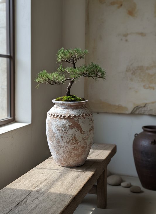 Vaso terracota artesanal Tamar B feito à mão Portugal, estilo wabi-sabi, minimalista, rústico, mediterrânico, Japandi e farmehouse. Decoração de interiores;  design biofílico;
